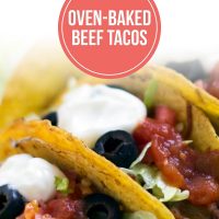 Hard-shell tacos with beef, lettuce, olives, salsa, and sour cream