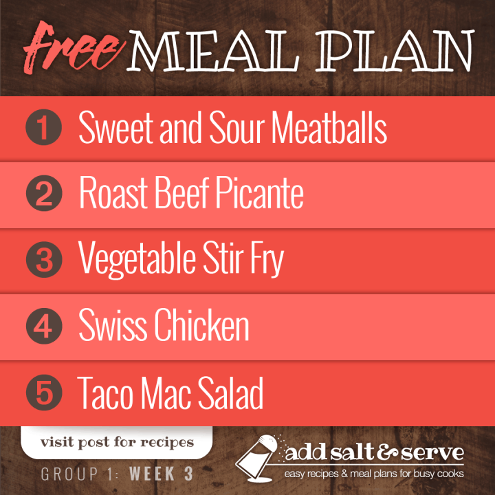 Free Meal Plan for Week 3 (Group 1): Sweet & Sour Meatballs, Roast Beef Picante, Vegetable Stir Fry, Baked Swiss Chicken, Taco Mac Salad
