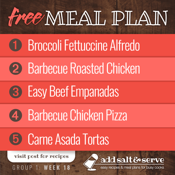 Meal Plan for Week 18 (Group 1) - Broccoli Fettuccine Alfredo, Barbecue Roasted Chicken, Easy Beef Empanadas, Barbecue Chicken Pizza, Carne Asada Tortas