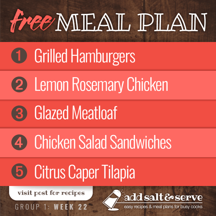 Meal Plan for Week 22 (Group 1): Grilled Hamburgers, Lemon Rosemary Chicken, Glazed Meatloaf, Chicken Salad Sandwiches, and Citrus Caper Fish