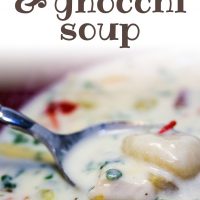 Chicken and gnocchi soup in a soup bowl with a spoon. Text Chicken & Gnocchi Soup - Add Salt & Serve logo