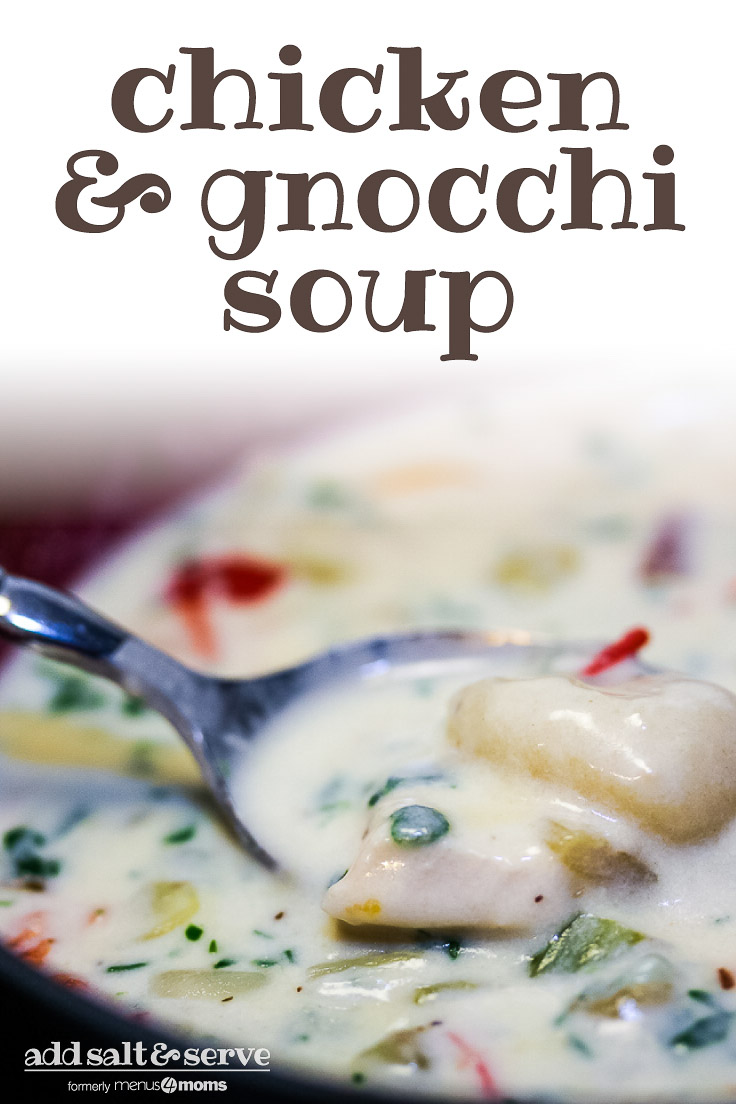 Chicken and gnocchi soup in a soup bowl with a spoon. Text Chicken & Gnocchi Soup - Add Salt & Serve logo