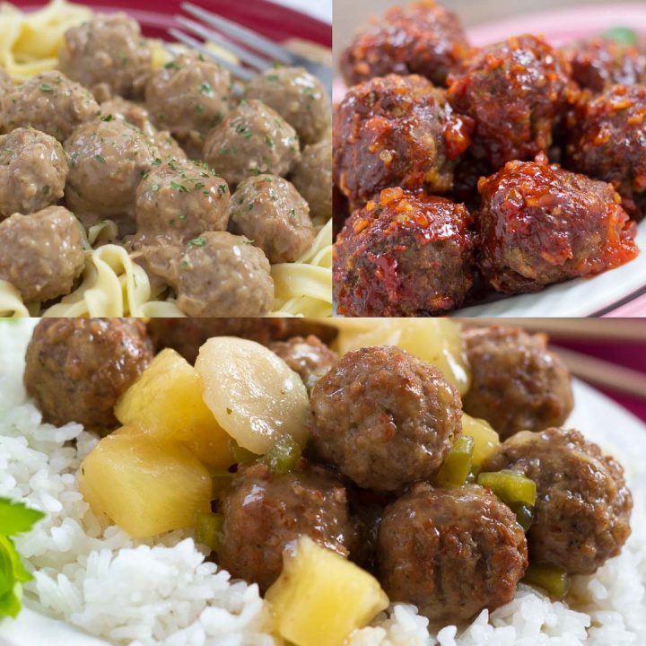 Top left photo is meatballs with egg noodles. Top right photo is meatballs with a red glaze. Bottom photo is meatballs with pineapple chunks and sliced water chestnuts on a bed of rice.