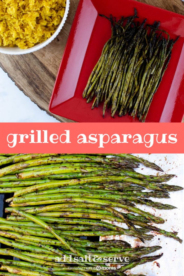 composite image with top image showing grilled asparagus on a red serving plate placed on a wood serving tray with a bowl of yellow rice and a tea towel to the side and bottom image showing asparagus in balsamic vinegar in a marinating container and text grilled asparagus