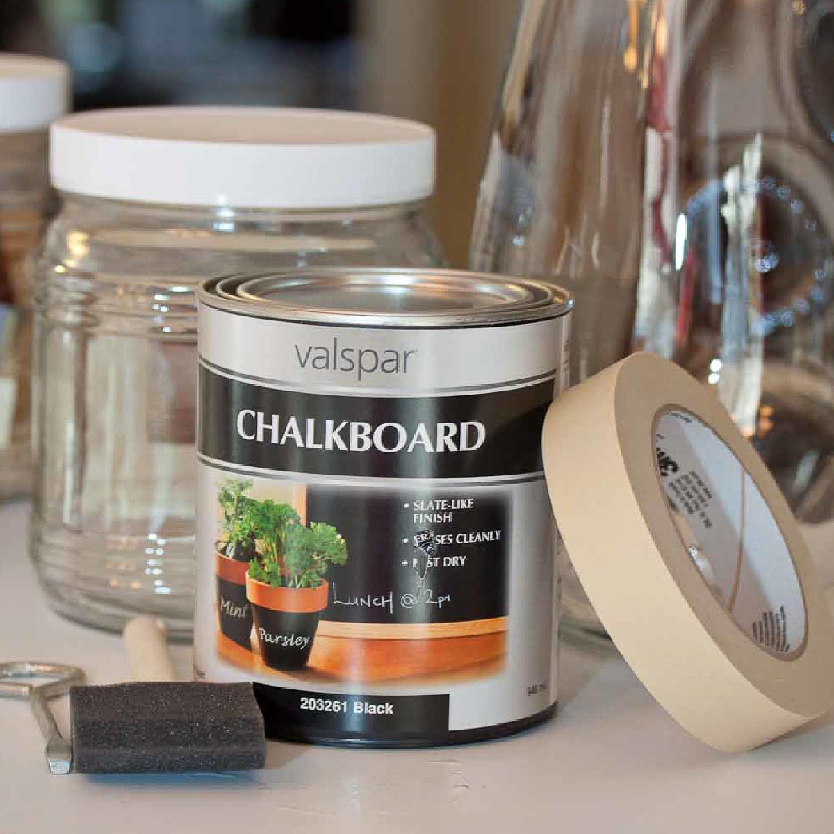 Chalkboard paint & supplies with glass jars