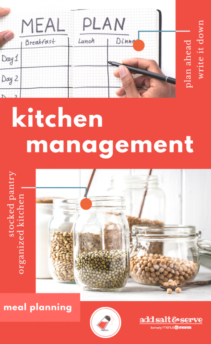 dried foods organized in jars, text kitchen management and meal planning Add Salt & serve salt shaker logo