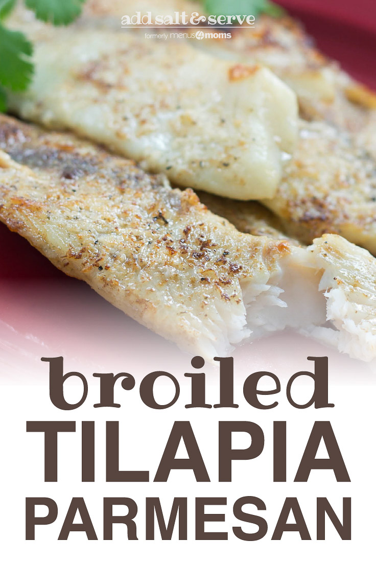 Tilapia fillets on a red plate garnished with parsley and text Add Salt & Serve formerly Menus4Moms Broiled Tilapia Parmesan