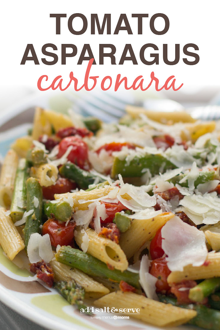 Tomato and Asparagus Carbonara on a plate; text Tomato and Asparagus Carbonara - Add Salt & Serve logo