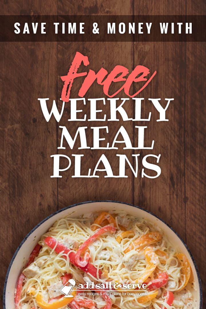 Overhead view of skillet with spaghetti noodles, chopped white meat chicken, and red and yellow bell pepper slices in a white cheesy sauce with text Save Time & Money with Free Weekly Meal Plans