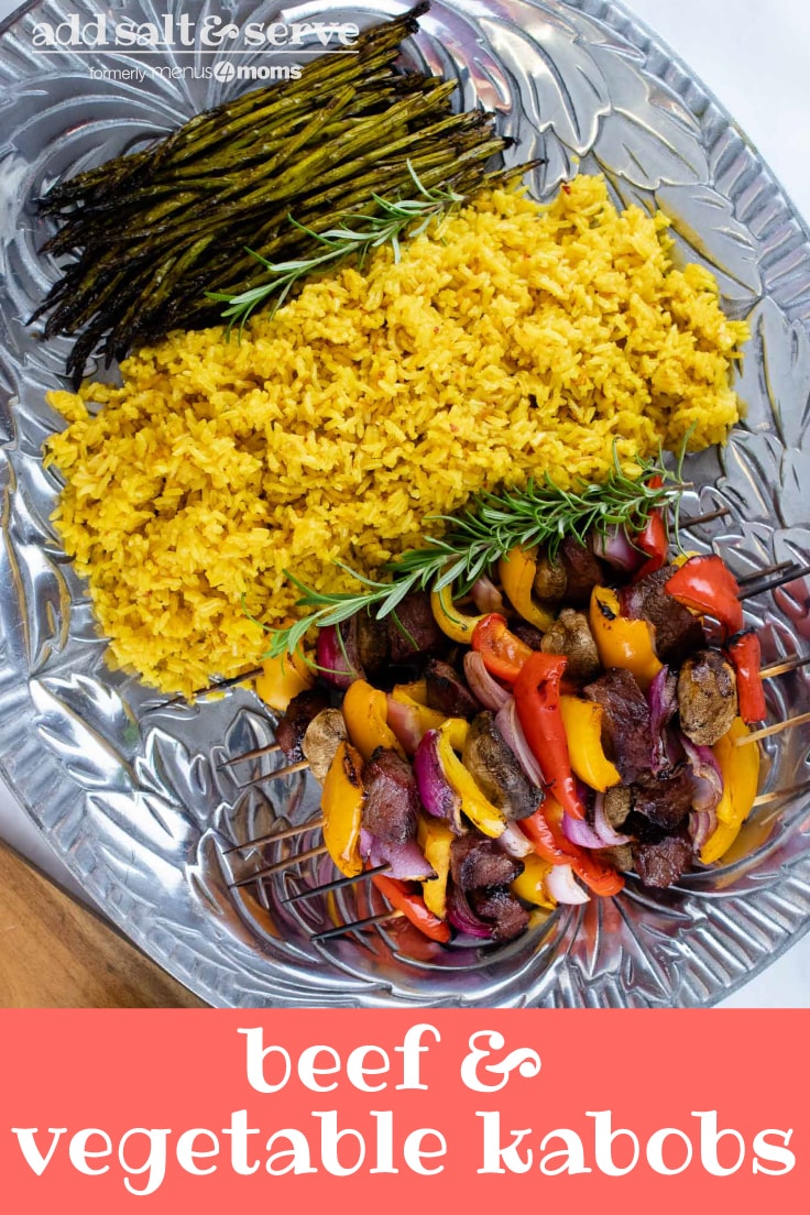 Beef Kabobs over Yellow Rice Add Salt & Serve