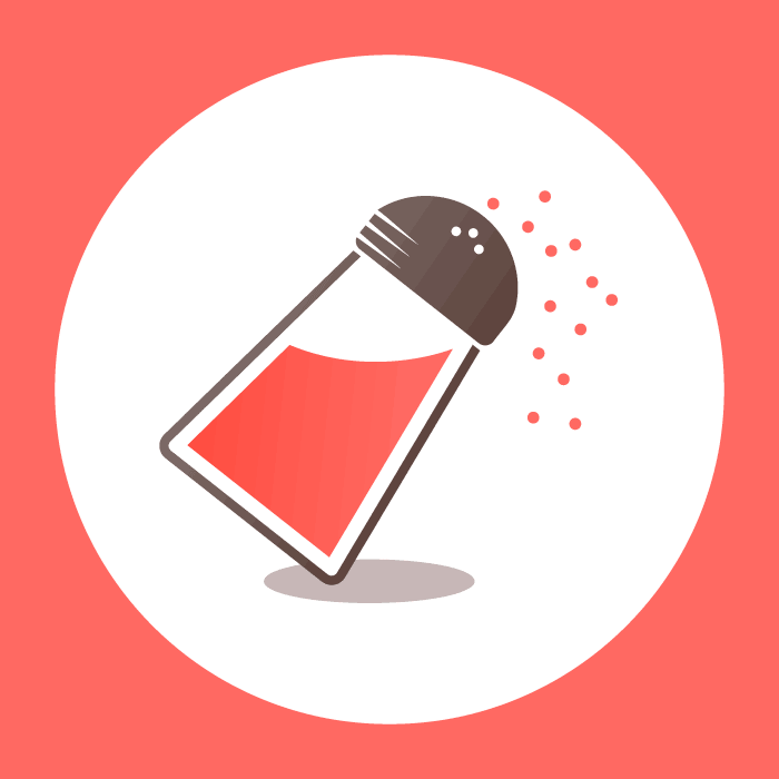 Coral, white, and brown illustration of a tilted salt shaker sprinkling salt