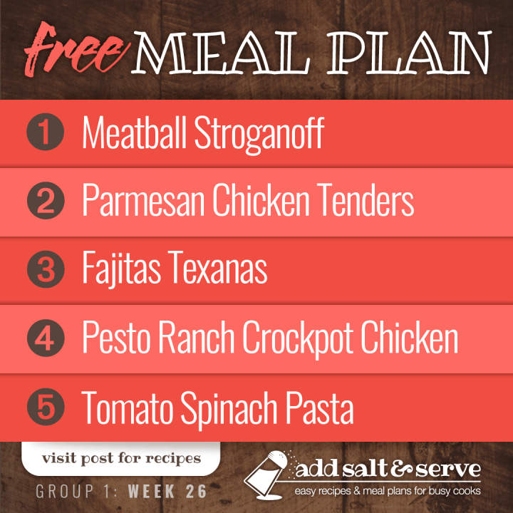 Free Meal Plan for Week 26 (Group 1): Meatball Stroganoff, Baked Parmesan Garlic Chicken, Fajitas Texanas, Pesto Ranch Crockpot Chicken, and One-Pot Tomato Spinach Pasta