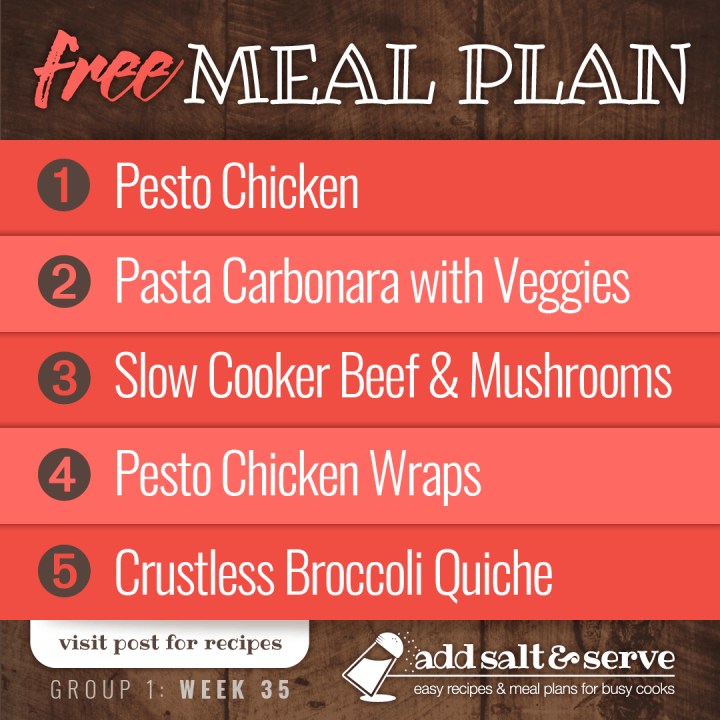 Meal Plan for Week 35 (Group 1): Pesto Chicken, Pasta Carbonara with Tomatoes, Slow Cooker Beef & Mushrooms, Pesto Chicken Wraps, Crustless Broccoli Quiche