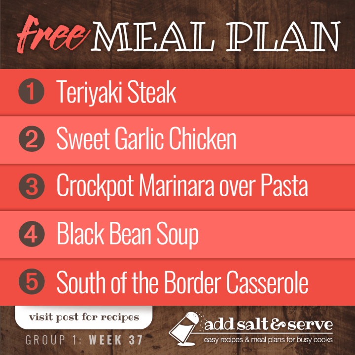 Meal Plan for Week 37 (Group 1): Teriyaki Steak, Sweet Garlic Chicken, Crockpot Marinara Sauce over Pasta, Black Bean Soup, South of the Border Casserole