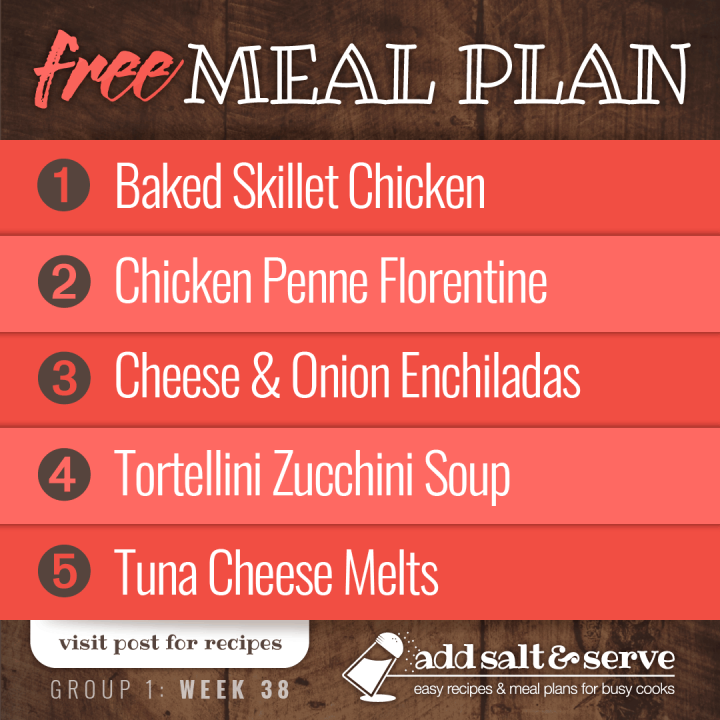 Meal Plan for Week 38 (Group 1): Baked Skillet Chicken, Three Cheese Chicken Penne Florentine, Cheese Enchiladas, Tortellini Zucchini Soup, Tuna Cheese Melts