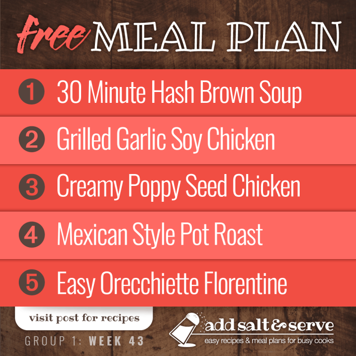 Meal Plan for Week 43 (Group 1): 30 Minute Hash Brown Soup, Grilled Chicken with Garlic Soy Marinade, Creamy Poppy Seed Chicken, Mexican Style Pot Roast, Easy Orecchiette Florentine