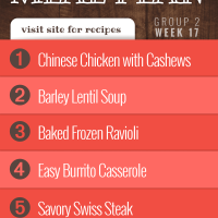 Free Meal Plan for Week 17 (Group 2): Chinese Chicken with Cashews, Barley Lentil Soup, Baked Frozen Ravioli, Easy Burrito Casserole, Savory Swiss Steak.