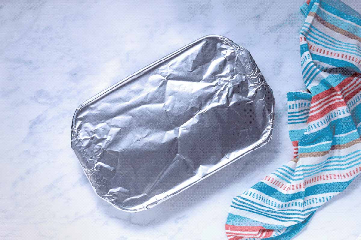 Foil-covered glass baking dish.