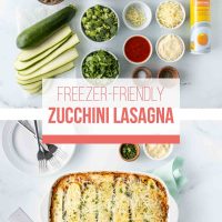 Ramekins containing lasagna ingredients beside zucchini slices and a can of Pam cooking spray. Nearby is a white casserole dish with cooked lasagna. Text: Freezer Friendly Zucchini Lasagna Add Salt & Serve, formerly Menus4Moms