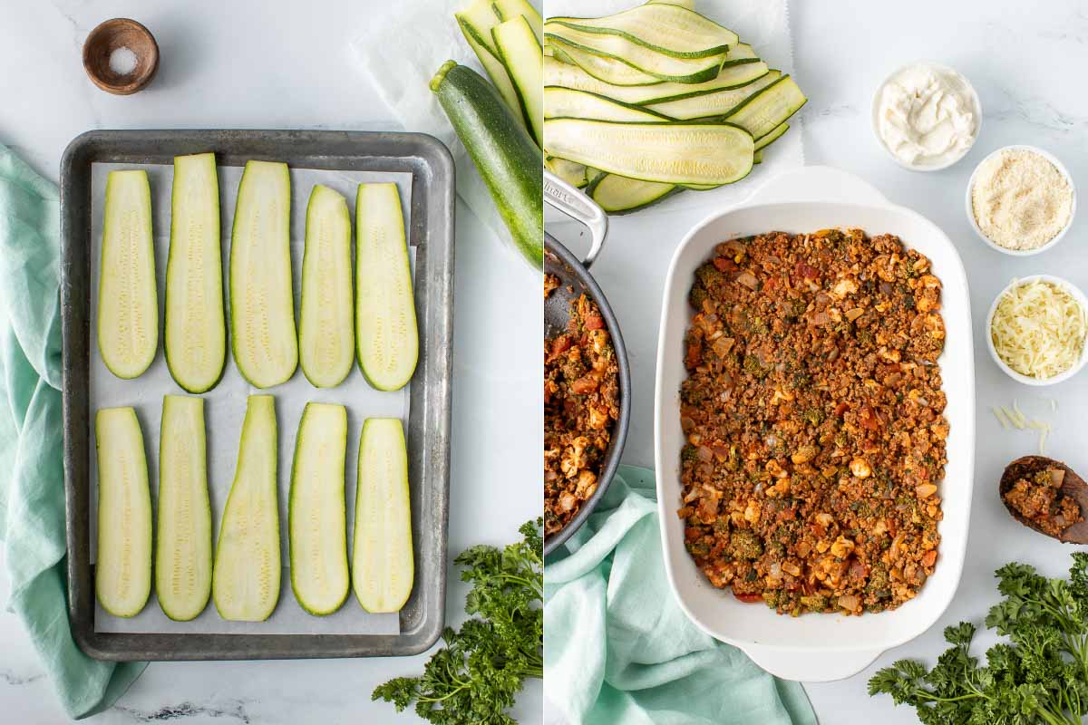 One side is a baking sheet with slices of zucchini on parchment paper. The other side is a casserole dish with a beef mixture and the other ingredients for lasagna in nearby bowls.