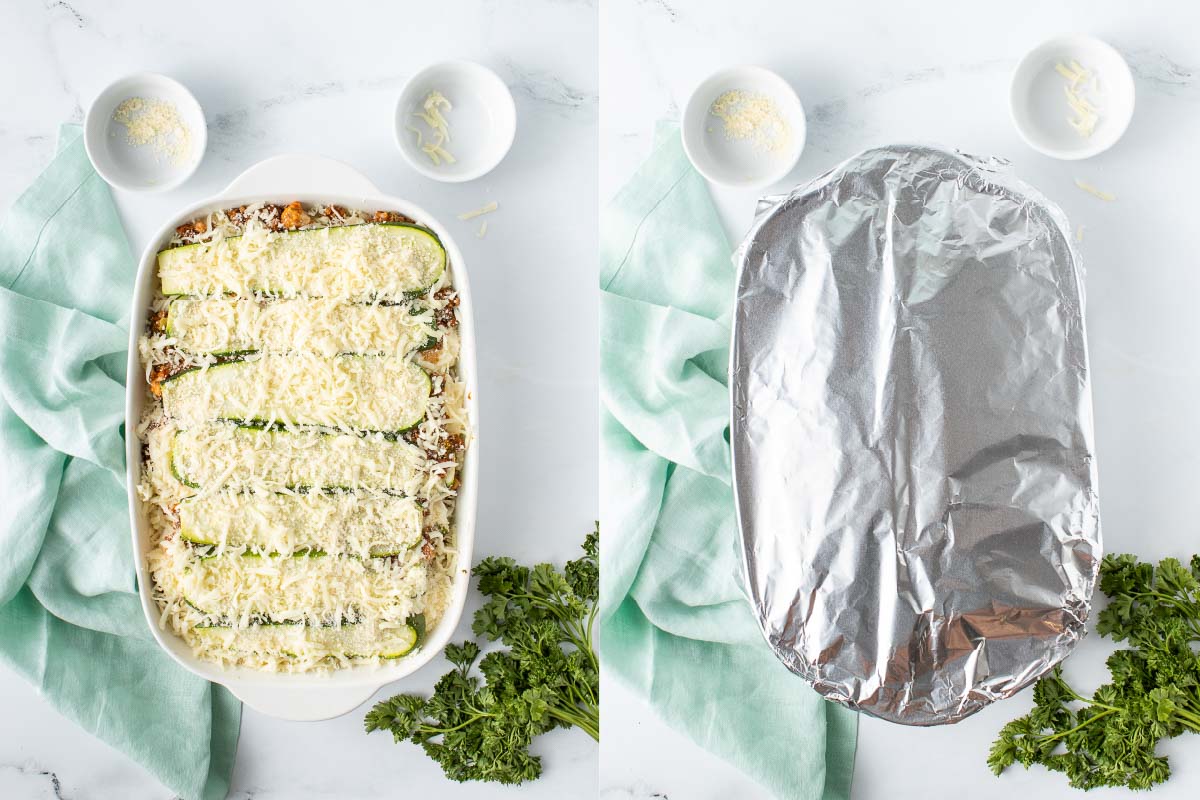 One side shows assembled lasagna uncovered in a white casserole dish. The other side shows the dish covered in aluminum foil.