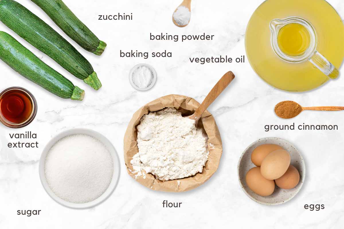 Ingredients for zucchini bread on a counter.