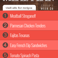 Free Meal Plan for Week 26 (Group 1): Meatball Stroganoff, Baked Parmesan Garlic Chicken, Fajitas Texanas, Easy French Dip Sandwiches, and One-Pot Tomato Spinach Pasta.