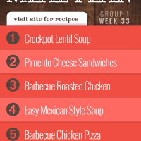 Meal Plan for Week 33 (Group 1): Crockpot Lentil Soup, Pimento Cheese Sandwiches, Barbecue Roasted Chicken, Quick & Easy Mexican Style Soup, Barbecue Chicken Pizza.