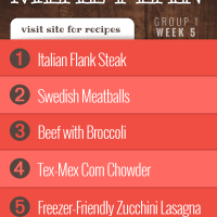 Meal Plan for Week 5 (Group 1): Italian Flank Steak, Swedish Meatballs, Beef with Broccoli, Chicken Corn Chowder, Zucchini Lasagna.