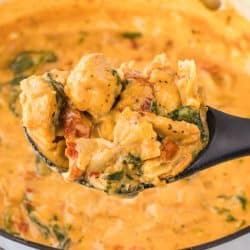 Creamy Tuscan chicken with sun-dried tomatoes, spinach, and mini farfalle in cream sauce in a pot with a serving on a spoon held over the pot and text Creamy Tuscan Chicken with Sun-dried Tomatoes.