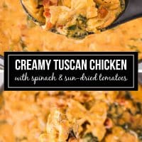 Composite image with top showing Creamy Tuscan chicken with sun-dried tomatoes, spinach, and mini farfalle in cream sauce in a pot with a serving on a spoon held over the pot, bottom showing a forkful of the dish held over a plate, and text Creamy Tuscan Chicken with Sun-dried Tomatoes.