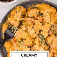 Creamy Tuscan chicken with sun-dried tomatoes, spinach, and mini farfalle in cream sauce on a plate with a forkful on a fork resting on the plate and text Creamy Tuscan Chicken with Sun-dried Tomatoes.