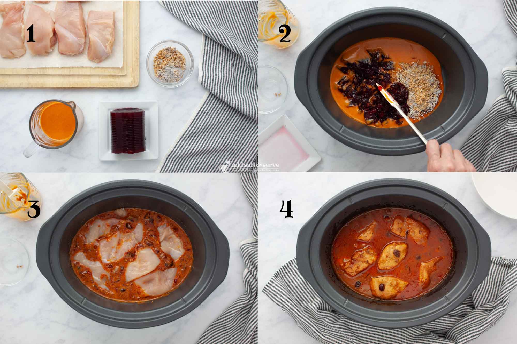 Composite image: 1 - Pieces of uncooked boneless, skinless chicken breast on a cutting board, a measuring cup with French dressing, whole berry cranberry sauce on a plate, and a small bowl of onion soup mix on a counter, 2 - the French dressing, cranberry sauce, and onion soup mix being mixed in a crockpot; 3 - the sauce mixture in the crock pot with 6 pieces of boneless skinless chicken breast nestled in the sauce; 4 - the chicken in the crockpot after cooking.