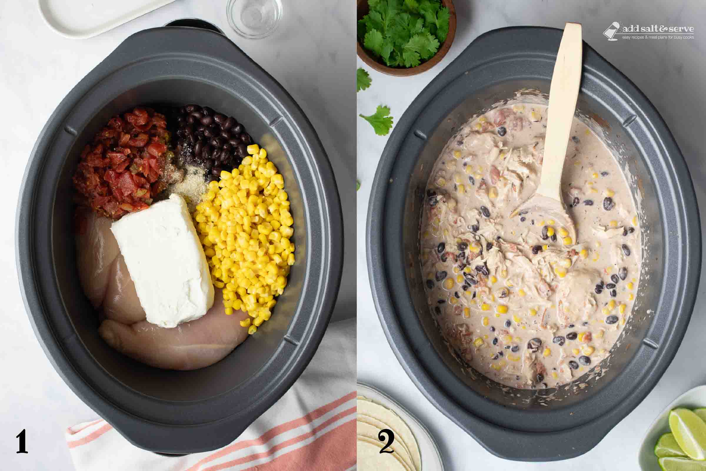 Composite image - left is numbered 1 and shows ingredients for crockpot fiesta chicken: boneless, skinless chicken breasts, black beans, corn kernels, diced tomatoes and green chilies, cream cheese, and garlic salt; right is numbered 2 and shows a crock pot with cooked chicken in creamy sauce with black beans, corn, and tomatoes.