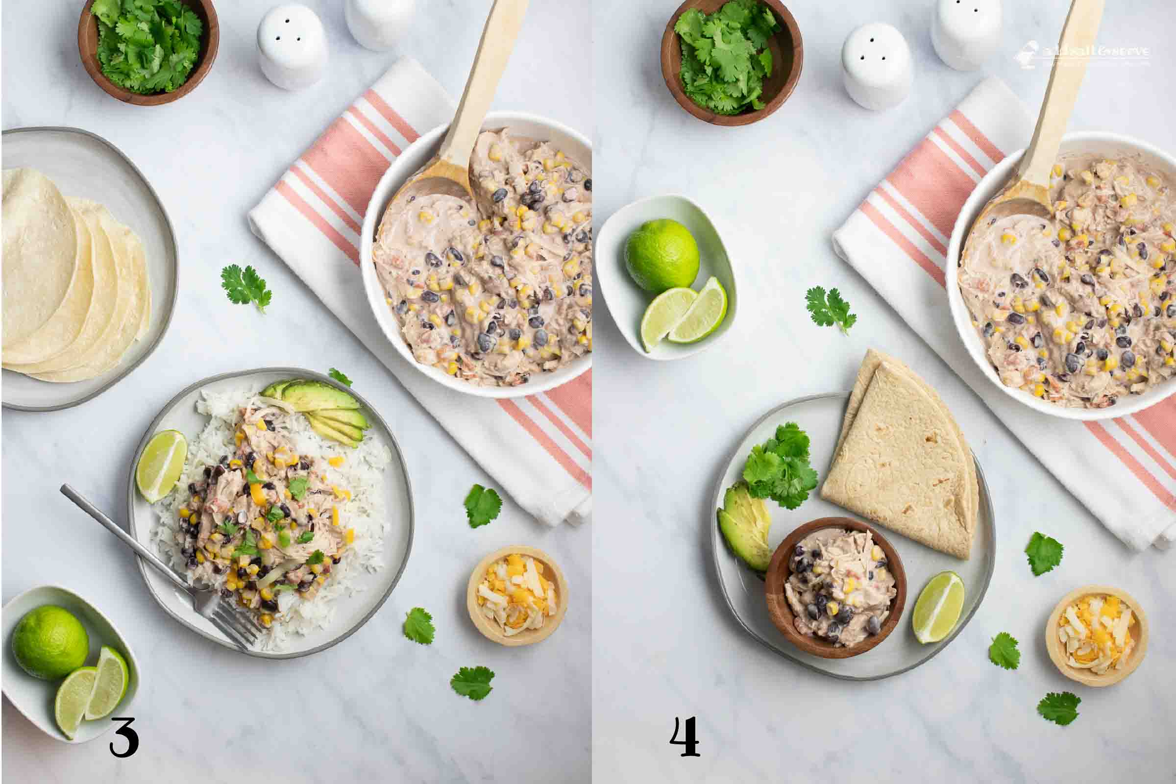 Composite image: left is numbered 3 and shows a plate of shredded chicken in a creamy sauce with black beans, corn, tomatoes, and green chilies served over rice and garnished with sliced avocado, shredded cheese, fresh cilantro, and lime wedges; right is numbered 4 and shows the same chicken sauce but in a small bowl served with a flour tortilla, sliced avocado, fresh cilantro, a lime wedge, and shredded cheese.