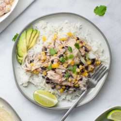 A plate of shredded chicken in a creamy sauce with black beans, corn, tomatoes, and green chilies served over rice and garnished with sliced avocado, shredded cheese, fresh cilantro, and lime wedges.