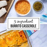 Composite image with ingredients for Frozen Burrito Casserole on top (frozen burritos, shredded cheddar cheese, cream of mushroom soup, milk, and green chilies), Frozen Burrito Casserole in a baking dish with a serving on a plate beside it on the bottom, and text 5 ingredient Frozen Burrito Casserole.