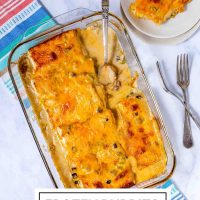 Frozen Burrito Casserole in a baking dish with a serving on a plate beside it on the bottom with text Frozen Burrito Casserole.