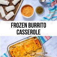 Composite image with ingredients for Frozen Burrito Casserole on top (frozen burritos, shredded cheddar cheese, cream of mushroom soup, milk, and green chilies), Frozen Burrito Casserole in a baking dish with a serving on a plate beside it on the bottom, and text Frozen Burrito Casserole.