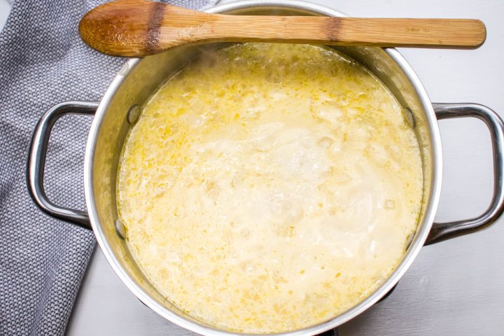 Potato soup with hash browns after simmering.