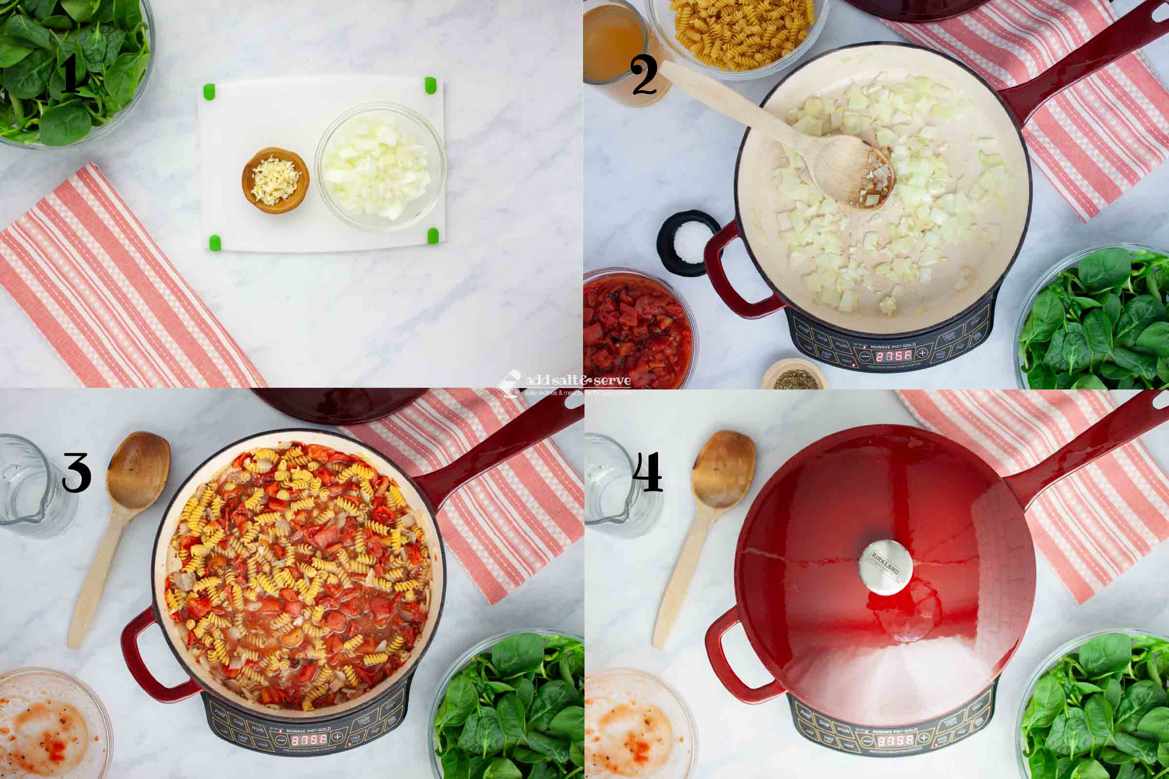 Composite image: 1 - chopped garlic and chopped onion in bowls; 2 - skillet with the onion and garlic sautéed in oil; 3 - skillet after adding chopped tomatoes, rotini, chicken broth, kosher salt, and herbs to the onions and garlic; 4 - skillet with a lid on it.