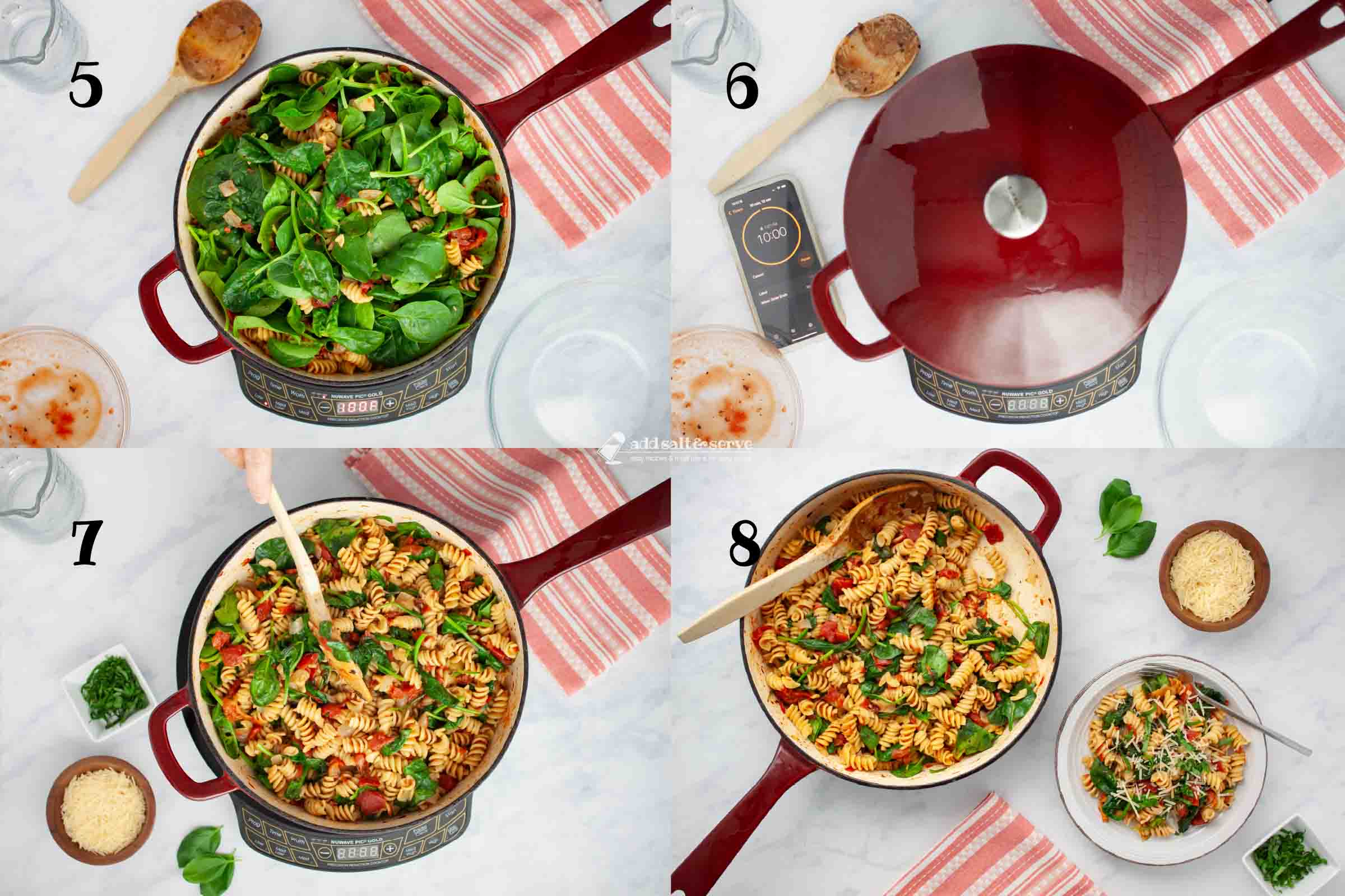 Composite image: 5 - skillet of cooked rotini, tomatoes, onion, garlic, salt, herbs, and chicken broth with fresh spinach added on top; 6 - skillet with a lid on it and timer set for ten minutes; 7 - skillet without lid after spinach has wilted; 8 - skillet of finished Tomato Spinach Pasta with a serving dished onto a plate and garnished with parmesan cheese and fresh basil strips.