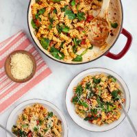 Two plates of tomato Spinach Pasta garnished with Parmesan cheese and fresh basil strips on a counter beside the pan of the full dish and small bowls of parmesan cheese and fresh basil strips.