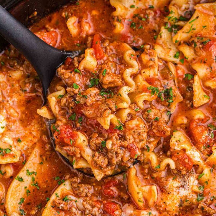 Ladle with a serving of slow cooker lasagna soup.