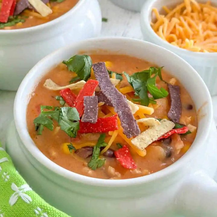 White crock with chicken tortilla soup garnished with cilantro and colored tortilla strips.