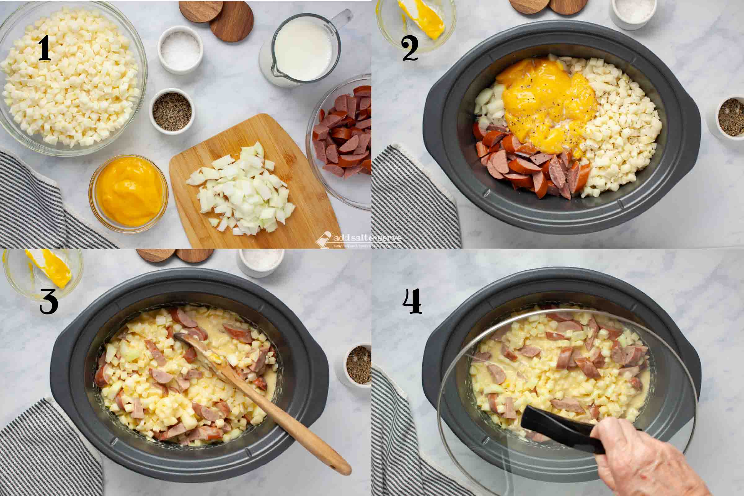 Composite photo: 1 - Ingredients for soup: frozen hash browns, condensed cheddar cheese soup, sliced kielbasa, chopped onion, milk, salt and pepper; 2 - ingredients in slow cooker before cooking; 3 - ingredients in slow cooker after stirring with a wooden spoon; 4- placing a lid on the slow cooker.