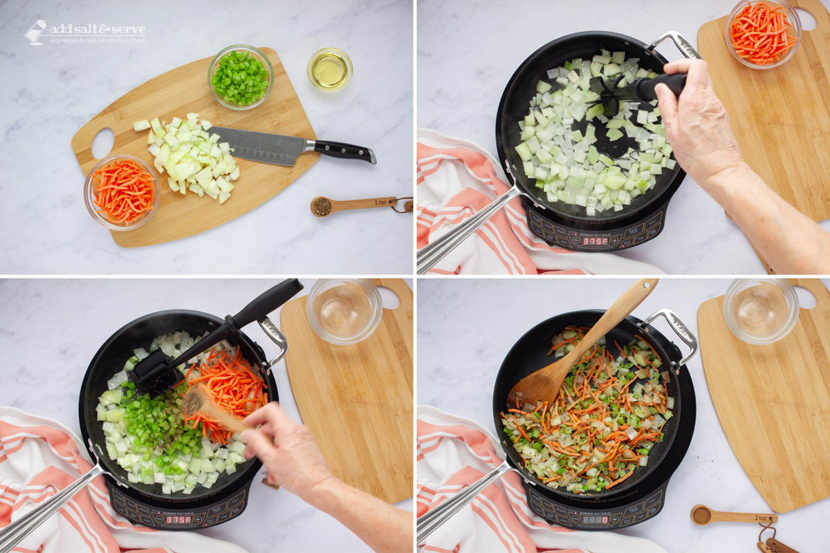 Composite image - 1: chopped onion on a cutting board with diced celery and shredded carrots, 2: onion sautéing in a skillet, 3: the skillet after adding celery and carrot to the onion and dried basil being sprinkled in; 4: after the vegetables have been sautéed until tender.