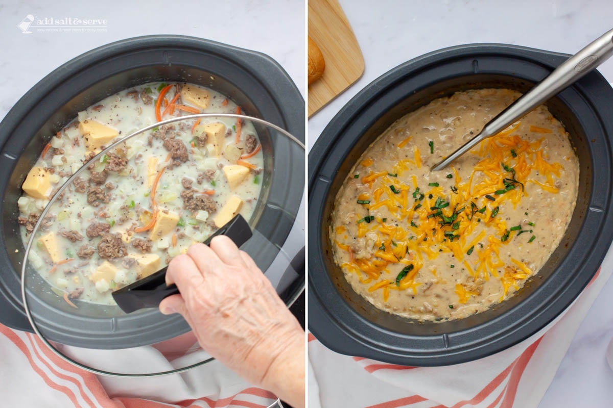 Composite image - left is a crockpot with all the ingredients for Cheeseburger Soup with the lid being put on; right is the soup after cooking and garnishing with shredded cheddar cheese and fresh basil strips.