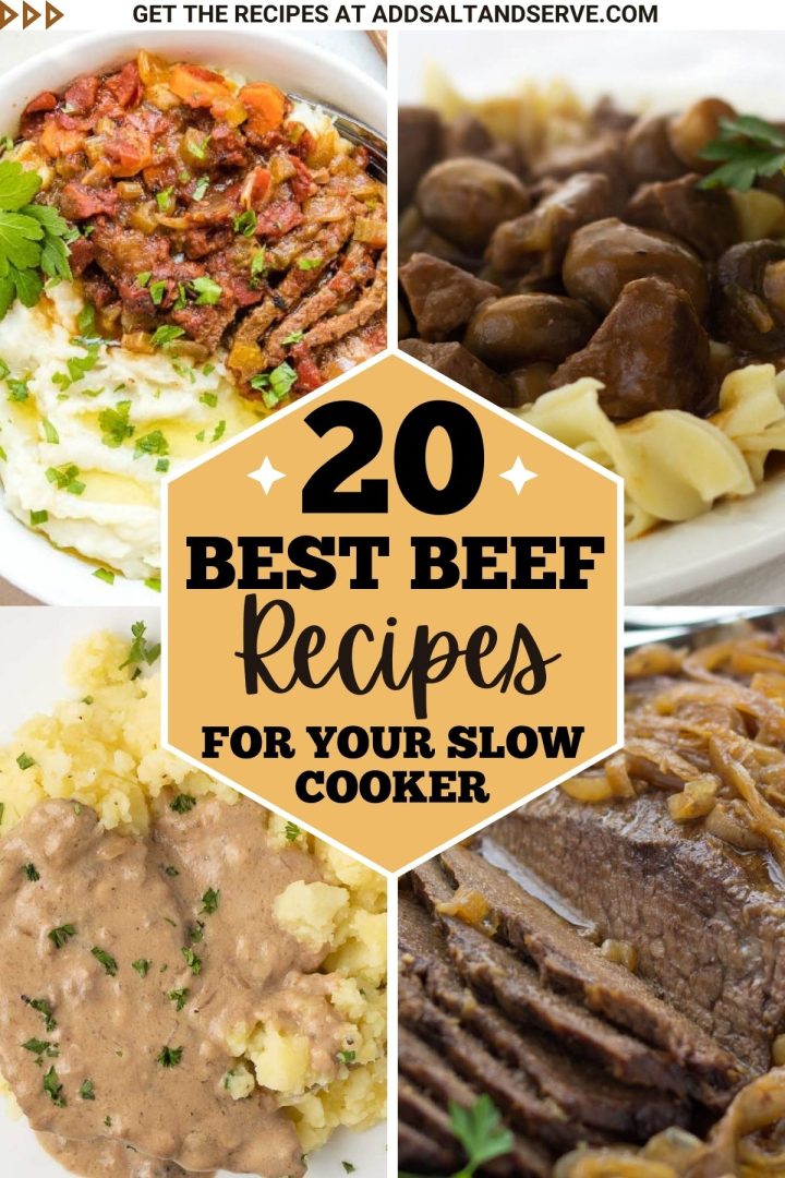 4 photos of crockpot meals with text 20 best beef recipes for your slow cooker