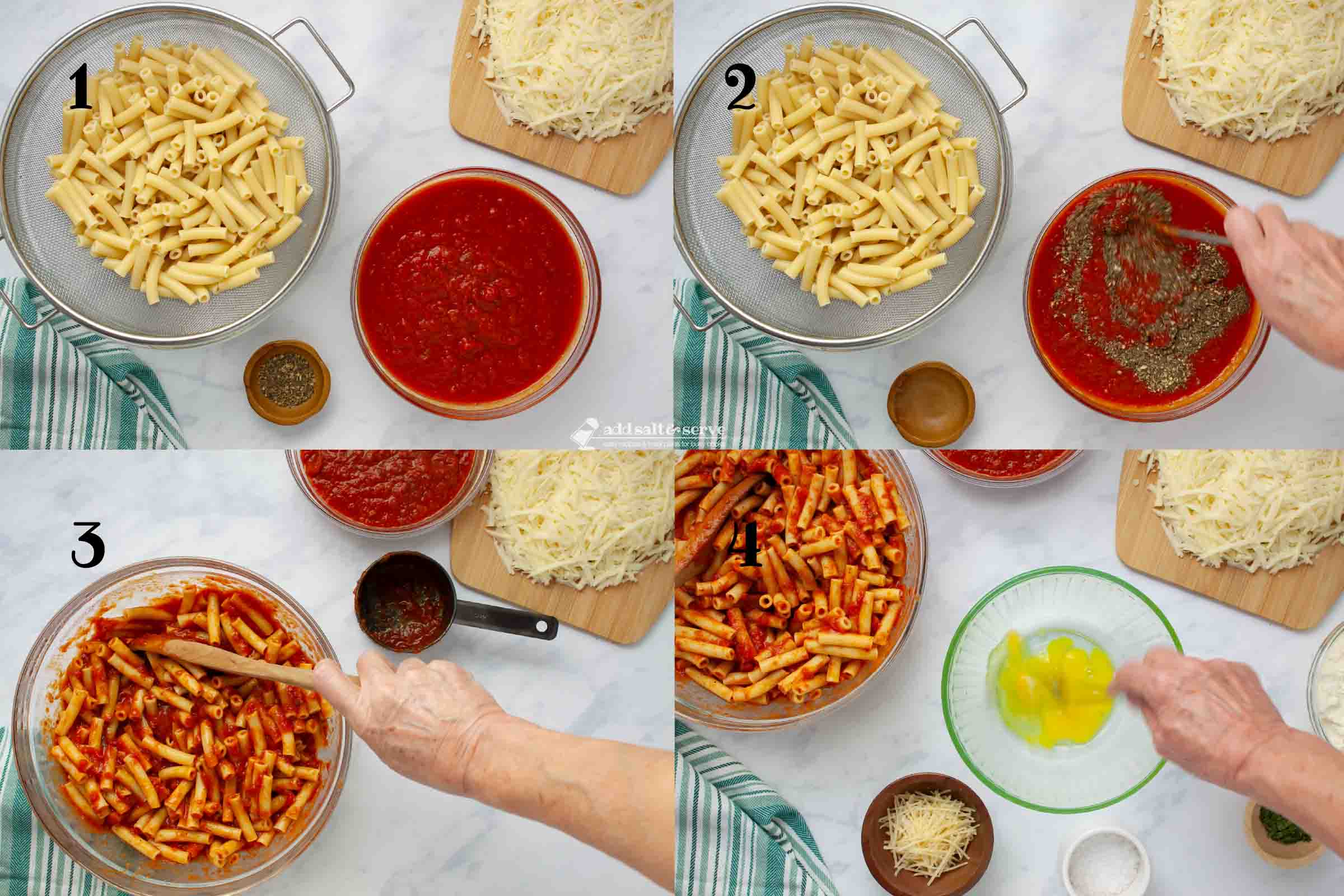 Composite image showing how to make baked ziti: 1 - cook the ziti, 2 - mix the Italian seasoning in with the marinara sauce, 3 - combine the cooked zitit and the seasoned marinara sauce, 4- beat the egg in a medium bowl.